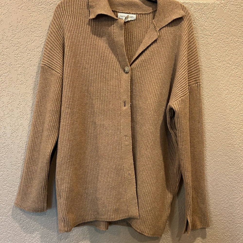 Happily Grey Tan Ribbed Women's Cardigan Sweater - Picture 2 of 12
